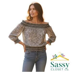 Michael Kors Navy White Off-Shoulder Top Smocked Waist 3/4 Sleeve Size XL EUC